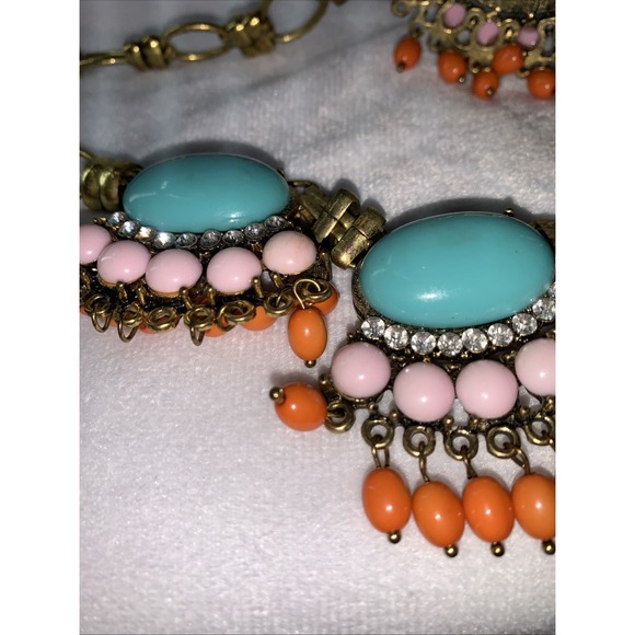 J.Crew Bead And Fringe Necklace Persimmon Turquoise 18" Adj Gold Tone - Picture 3 of 3